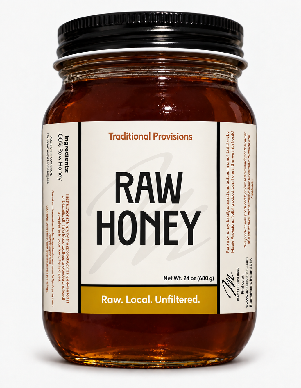 Jar of Massie Provisions raw honey with a golden, viscous texture, displayed in a clear glass jar with a wooden honey dipper.