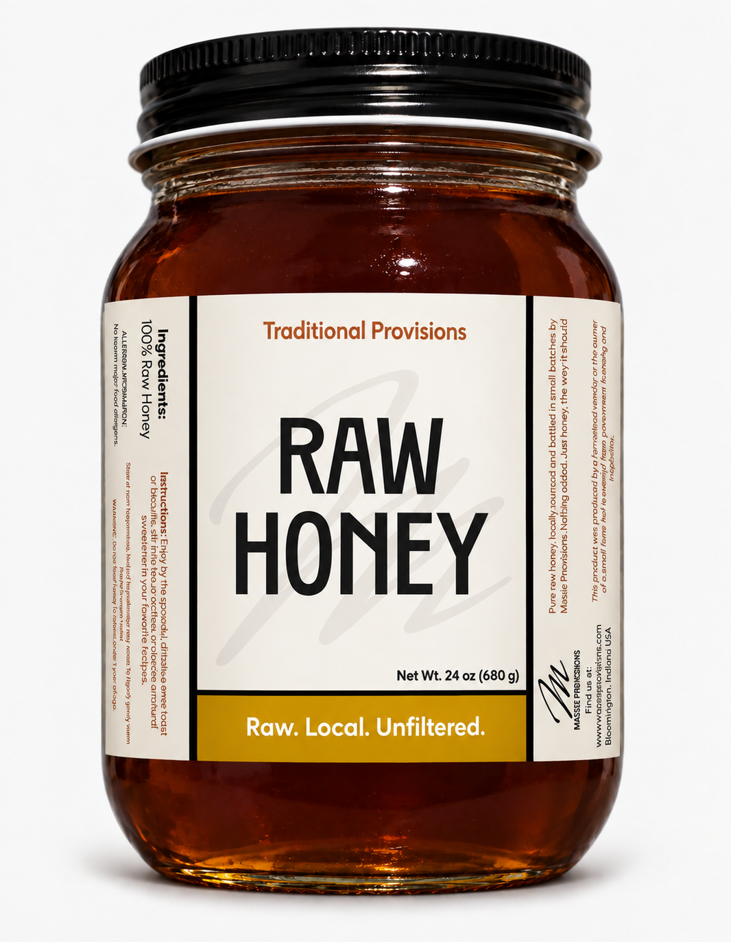 Jar of Massie Provisions raw honey with a golden, viscous texture, displayed in a clear glass jar with a wooden honey dipper.
