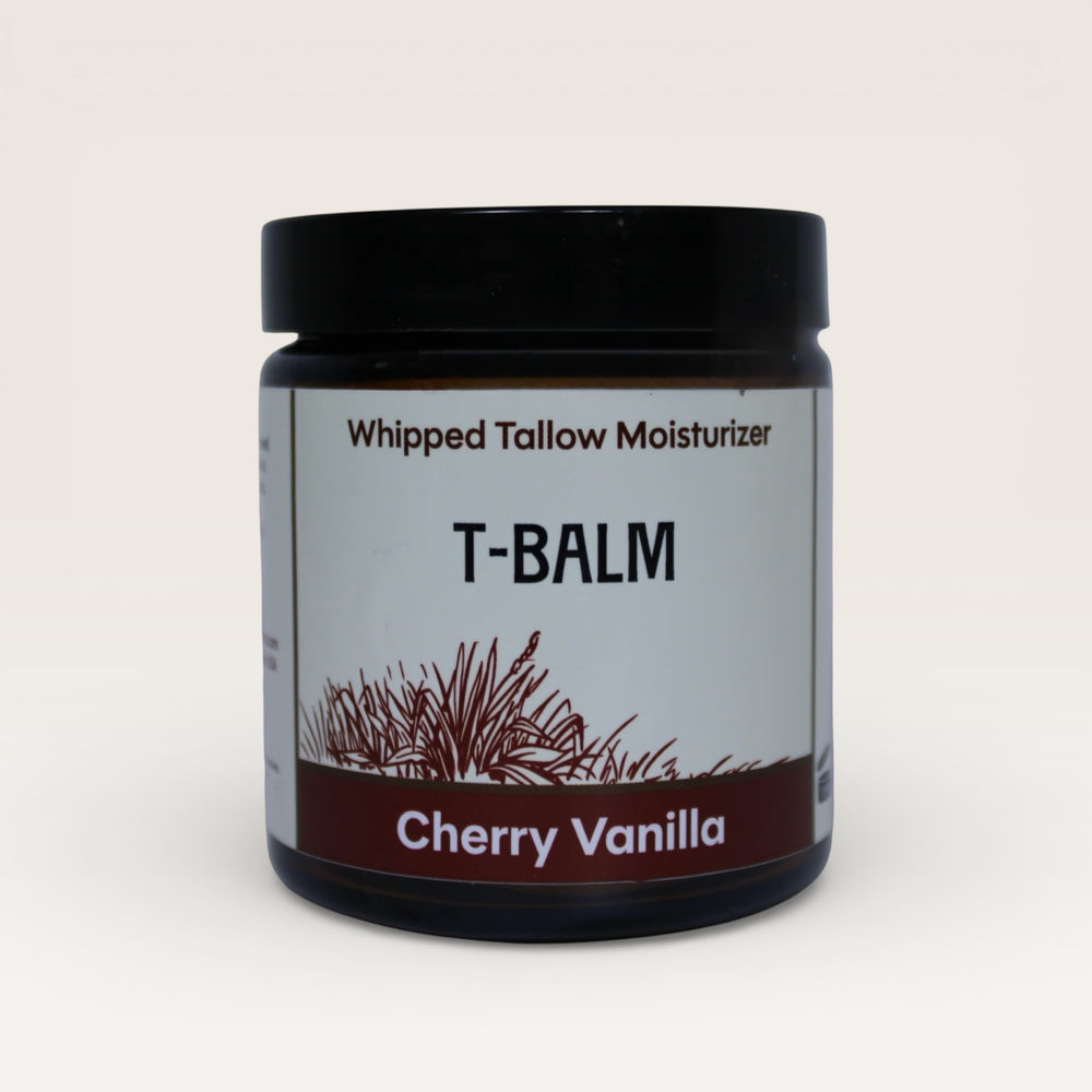 Massie Provisions T-Balm tallow moisturizer in a jar, showcasing its creamy texture and natural ingredients.