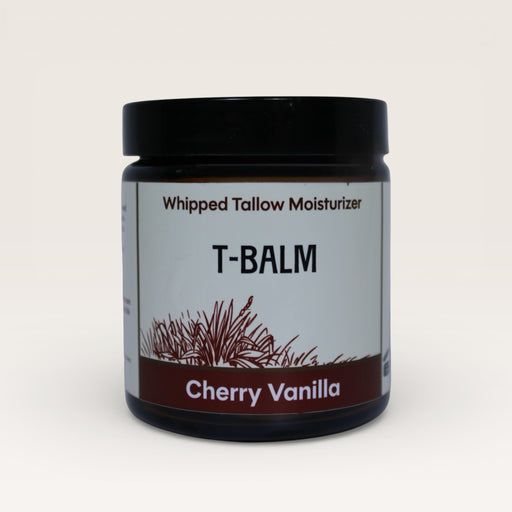 Massie Provisions T-Balm tallow moisturizer in a jar, showcasing its creamy texture and natural ingredients.