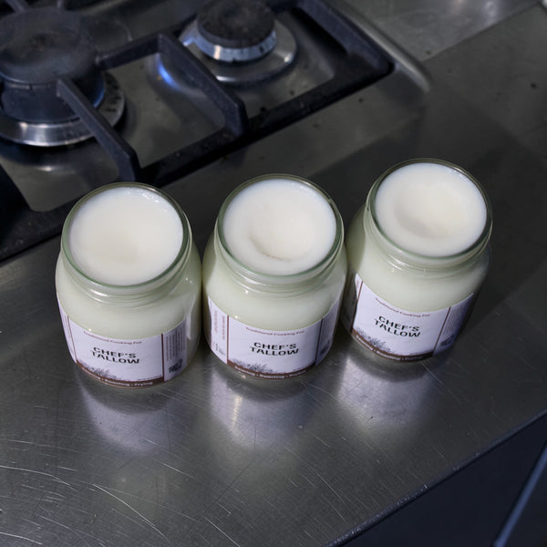 Chef’s Tallow by Massie Provisions in a jar, showcasing smooth, rendered beef fat ready for cooking or baking.