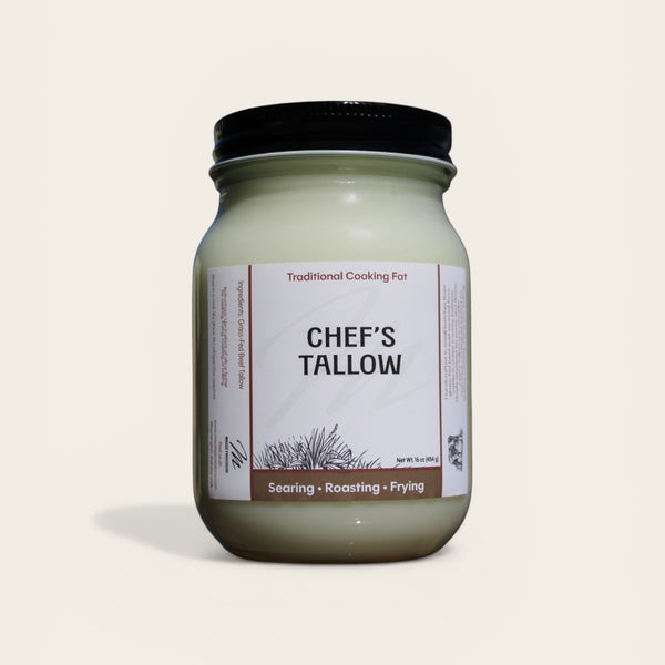 Chef’s Tallow from Massie Provisions, shown in a jar with a rustic label, ready for cooking or baking use.