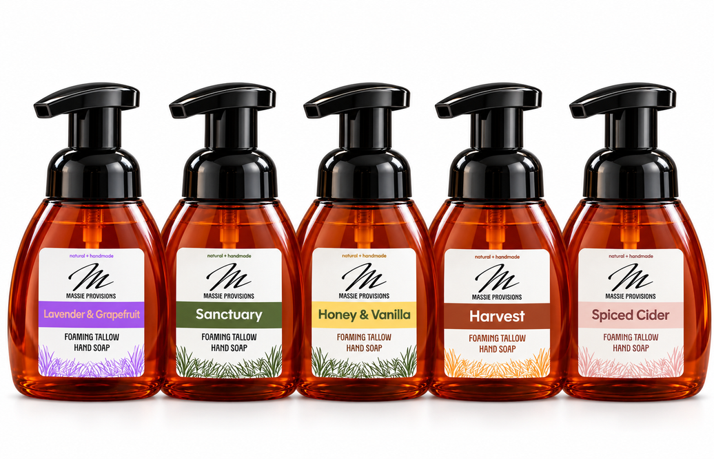 Amber-colored T-Soap foaming soap bottle from Massie Provisions, showcasing a sleek, modern design with a pump dispenser.