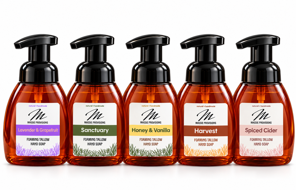 Amber-colored T-Soap foaming soap bottle from Massie Provisions, showcasing a sleek, modern design with a pump dispenser.