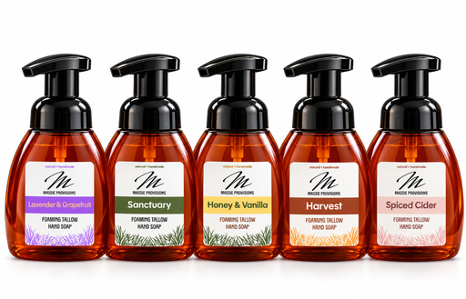 Amber-colored T-Soap foaming soap bottle from Massie Provisions, showcasing a sleek, modern design with a pump dispenser.