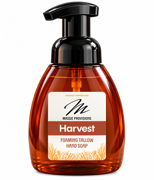 Amber Harvest foaming soap bottle from Massie Provisions, showcasing the T-Soap design with a pump dispenser.