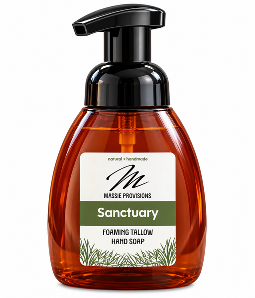 Amber sanctuary foaming soap dispenser from Massie Provisions with a sleek, modern design and a clear pump for easy use.