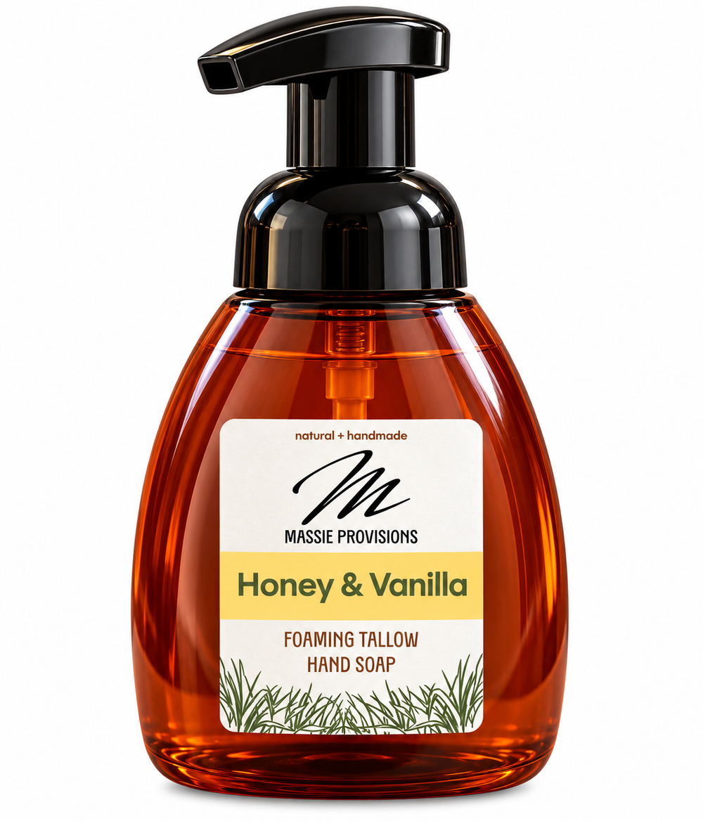 Honey vanilla foaming soap dispenser from Massie Provisions, featuring a sleek design and clear label indicating T-Soap product.