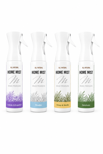 Massie Provisions Home Mist Hydrosol Spray bottle with a clear label and spray nozzle, ready for refreshing skin and environment.