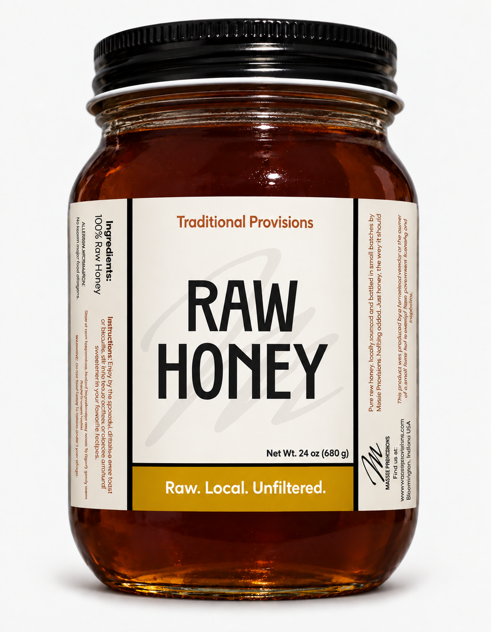 Jar of Massie Provisions raw honey with a golden, viscous texture, displayed in a clear glass jar with a wooden honey dipper.