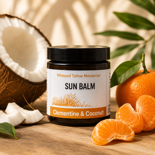 Massie Provisions Sun Balm tallow moisturizer in a jar with natural ingredients and soothing texture.