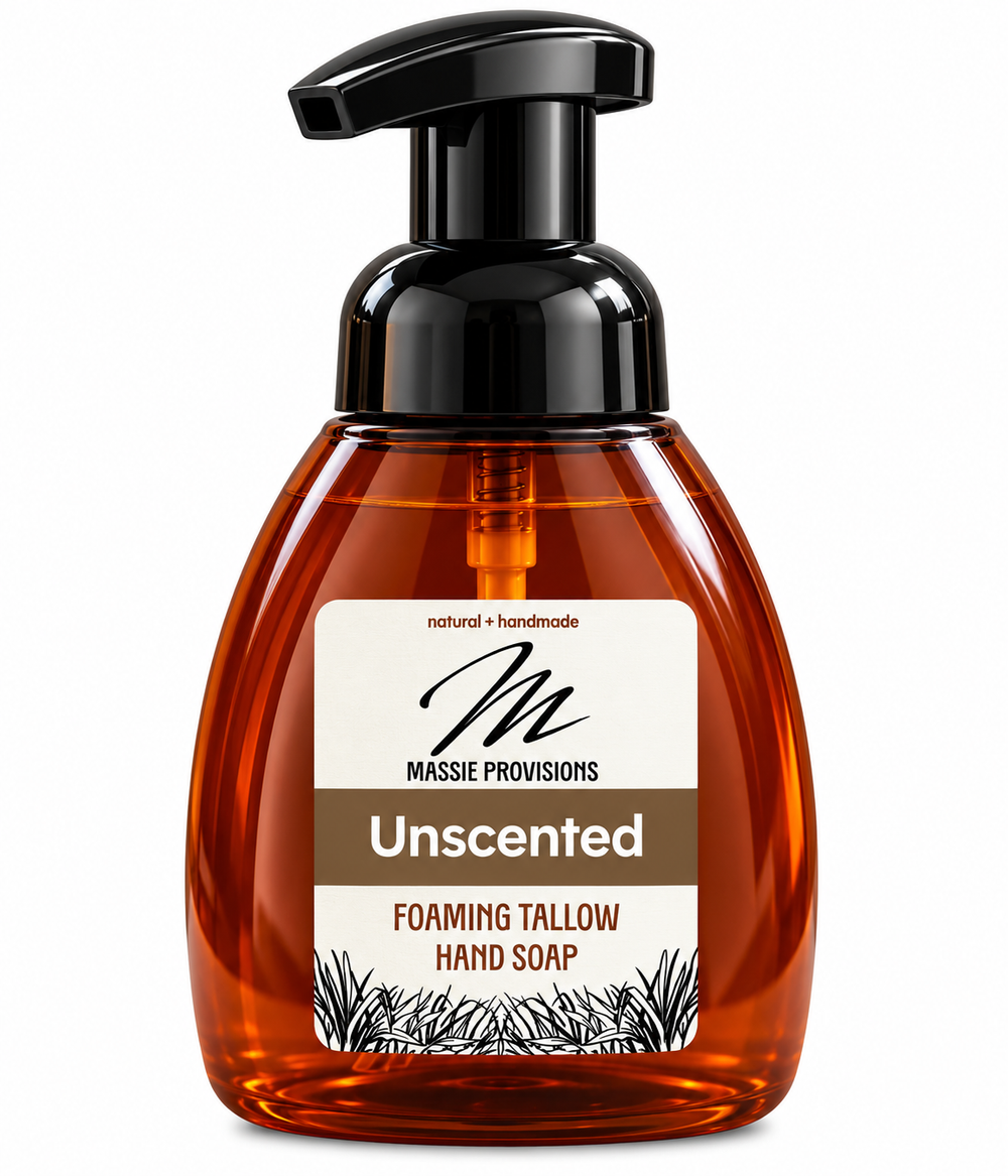 Unscented foaming tallow hand soap by Massie Provisions, showing a pump dispenser and creamy foam texture.