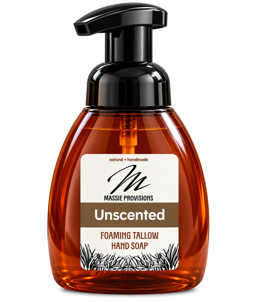 Unscented foaming tallow hand soap by Massie Provisions, showing a pump dispenser and creamy foam texture.